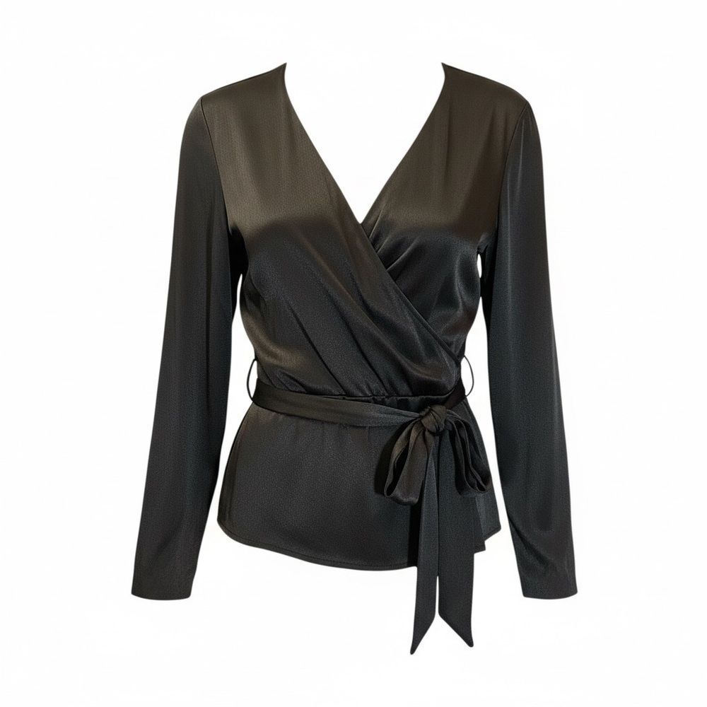 Krisa x Revolve Black Satin Wrap Top with Waist Tie | XS | New PTP 18”